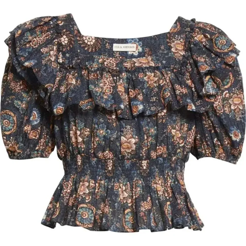 ULLA JOHNSON Warner Floral Ruffle Puff-Sleeve Peplum Blouse in Twilight SZ S